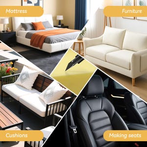 May include: A collage featuring furniture and upholstery. It includes a white bed with grey and orange accents, a cream sofa, outdoor cushions, and a car seat. The image also features text labels: Mattress, Furniture, Cushions, and Making seats.