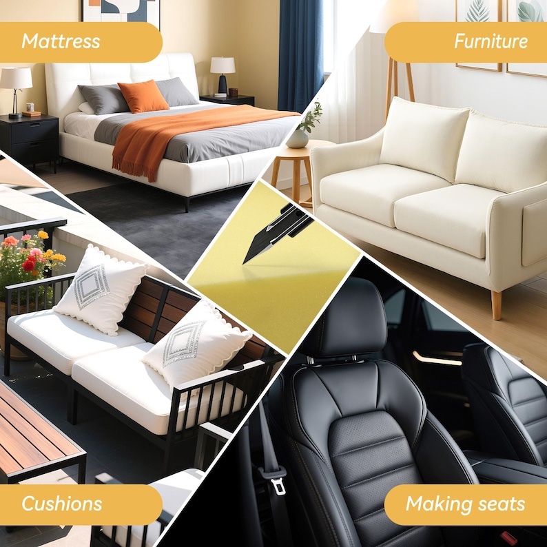 May include: A collage featuring furniture and upholstery. It includes a white bed with grey and orange accents, a cream sofa, outdoor cushions, and a car seat. The image also features text labels: Mattress, Furniture, Cushions, and Making seats.
