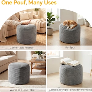 May include: A round, grey, corduroy-textured pouf ottoman shown in four different settings. The pouf is cylindrical with horizontal ribbed fabric. It is depicted as a footrest, a pet bed for a cat, a side table surface, and a seat for reading.