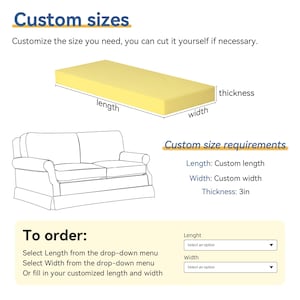May include: Diagram showing custom-sized foam with the text "Custom sizes". It includes instructions to customize the length and width, with a thickness of 7.6 cm. The text also says, "Customize the size you need, you can cut it yourself if necessary."