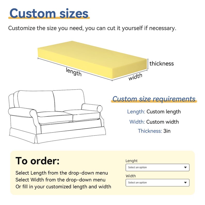 May include: Diagram showing custom-sized foam with the text "Custom sizes". It includes instructions to customize the length and width, with a thickness of 7.6 cm. The text also says, "Customize the size you need, you can cut it yourself if necessary."