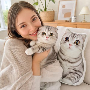 Könnte beinhalten: Eine Frau hält ein grau-weißes Scottish Fold Kätzchen neben einem kissenförmigen Kissen mit ähnlichem Design. Das Kätzchen und das Kissen haben große, ausdrucksstarke Augen und Streifen. Die Frau trägt einen hellfarbigen Pullover.