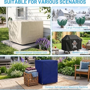 Puede incluir: Un collage que muestra fundas protectoras para exteriores. Una funda beige para aire acondicionado, fundas verdes para plantas en maceta, una funda negra para barbacoa y una funda azul para refrigerador o lavadora.