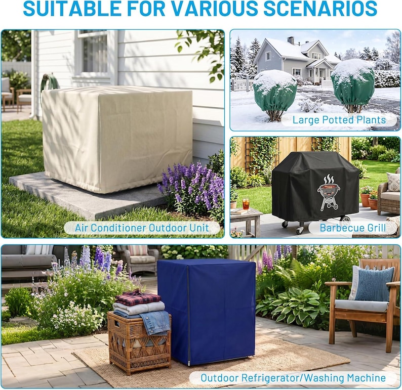 Puede incluir: Un collage que muestra fundas protectoras para exteriores. Una funda beige para aire acondicionado, fundas verdes para plantas en maceta, una funda negra para barbacoa y una funda azul para refrigerador o lavadora.