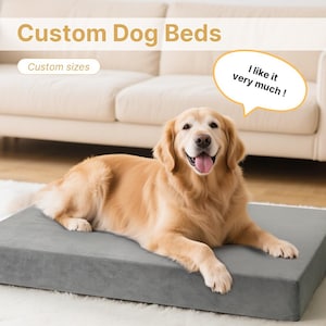 Puede incluir: Un perro Golden Retriever está acostado sobre una cama rectangular gris para perros. El perro está sonriendo con la lengua fuera. El texto encima del perro dice "Custom Dog Beds" y "Custom sizes". Una burbuja de diálogo dice "I like it very much!"