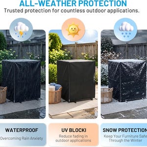 Puede incluir: Una funda negra cuadrada para muebles de exterior mostrada en tres condiciones clim&aacute;ticas: lluvia, sol y nieve. El texto dice ALL-WEATHER PROTECTION, Trusted protection for countless outdoor applications, WATERPROOF, UV BLOCKI y SNOW PROTECTION.