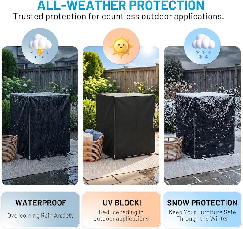 Puede incluir: Una funda negra cuadrada para muebles de exterior mostrada en tres condiciones clim&aacute;ticas: lluvia, sol y nieve. El texto dice ALL-WEATHER PROTECTION, Trusted protection for countless outdoor applications, WATERPROOF, UV BLOCKI y SNOW PROTECTION.