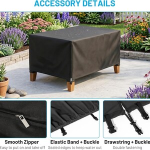 Puede incluir: Una funda rectangular negra para muebles de exterior con gotas de agua en la superficie. La funda cuenta con una cremallera suave, una banda el&aacute;stica con hebillas y un cord&oacute;n con hebillas para una sujeci&oacute;n segura sobre una mesa.