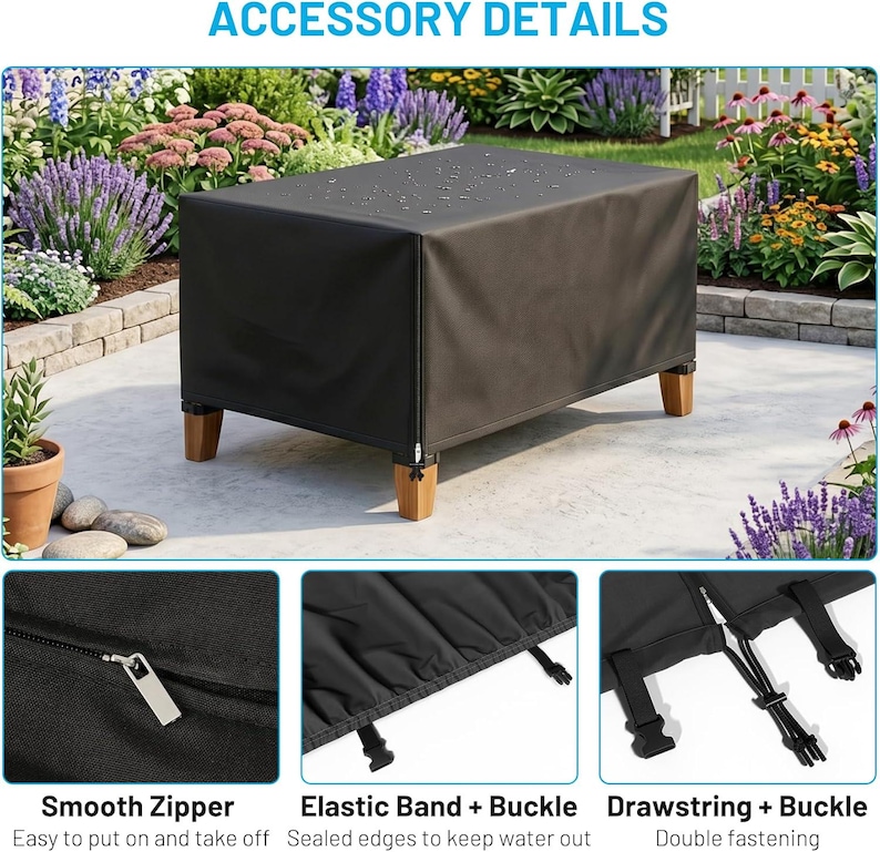 Puede incluir: Una funda rectangular negra para muebles de exterior con gotas de agua en la superficie. La funda cuenta con una cremallera suave, una banda el&aacute;stica con hebillas y un cord&oacute;n con hebillas para una sujeci&oacute;n segura sobre una mesa.