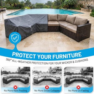 Puede incluir: Una funda impermeable de color gris oscuro que cubre parcialmente un sof&aacute; seccional de mimbre marr&oacute;n con cojines beige. La imagen incluye el texto PROTECT YOUR FURNITURE y 360 ALL-WEATHER PROTECTION FOR YOUR WICKER AND CUSHIONS.