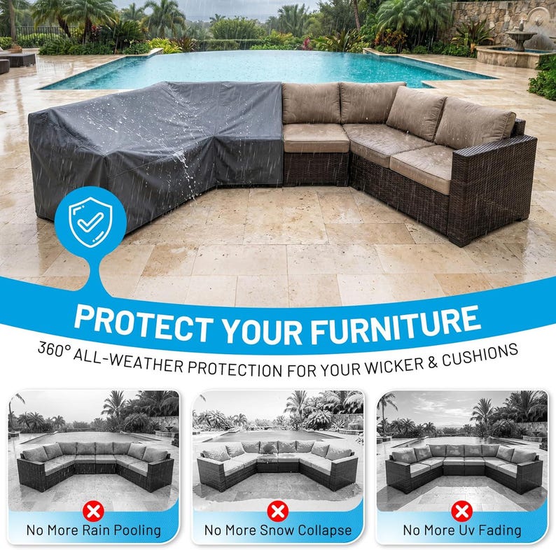Puede incluir: Una funda impermeable de color gris oscuro que cubre parcialmente un sof&aacute; seccional de mimbre marr&oacute;n con cojines beige. La imagen incluye el texto PROTECT YOUR FURNITURE y 360 ALL-WEATHER PROTECTION FOR YOUR WICKER AND CUSHIONS.