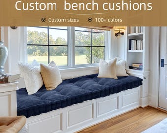 Custom-sized window seat cushions, 4-inch thick indoor/outdoor bench cushions, tufted throw pillows, terrace, swing seat cushions.