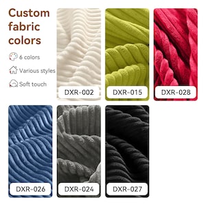 May include: A display of six corduroy fabric swatches in cream, lime green, red, blue, gray, and black. Each swatch is labeled with a code: DXR-002, DXR-015, DXR-028, DXR-026, DXR-024, and DXR-027. The text Custom fabric colors is visible.