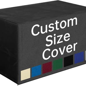 May include: A rectangular black protective cover featuring the white text Custom Size Cover printed on the side. Below the text, there is a horizontal row of seven small square fabric swatches in beige, blue, maroon, green, black, blue, and gray.
