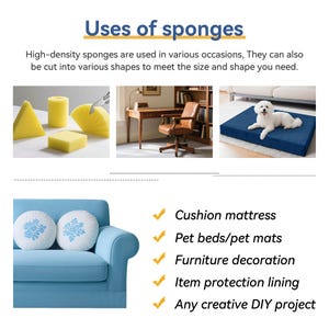 May include: Image illustrating the uses of high-density sponges. The text reads "Uses of sponges". Examples include a cushion mattress, pet beds, furniture decoration, item protection lining, and DIY projects. Various sponge shapes are shown.