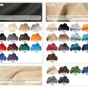 May include: Color swatches of various fabrics, including Runyang Aolifen, cotton, and linen. The swatches are in a range of colors, such as white, black, red, blue, and brown. The fabrics are described as splash-proof, soft, breathable, and with a thick texture.