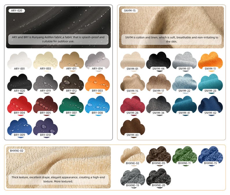 May include: Color swatches of various fabrics, including Runyang Aolifen, cotton, and linen. The swatches are in a range of colors, such as white, black, red, blue, and brown. The fabrics are described as splash-proof, soft, breathable, and with a thick texture.