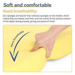 May include: A yellow sponge is being pressed by a hand. The image includes the text "Soft and comfortable" and "Good breathability". A blue arrow indicates "More breathable".