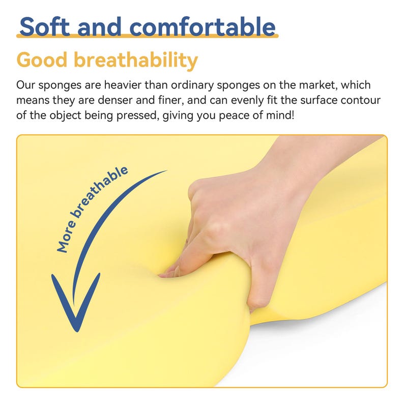 May include: A yellow sponge is being pressed by a hand. The image includes the text "Soft and comfortable" and "Good breathability". A blue arrow indicates "More breathable".