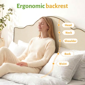 May include: A woman in cream-colored loungewear sits on a bed with white pillows, leaning against an upholstered headboard. The image includes the text "Ergonomic backrest" and labels for head, neck, shoulder, back, and waist.