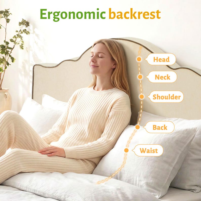 May include: A woman in cream-colored loungewear sits on a bed with white pillows, leaning against an upholstered headboard. The image includes the text "Ergonomic backrest" and labels for head, neck, shoulder, back, and waist.