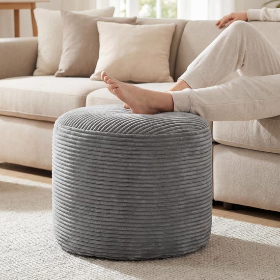 Round Pouf Ottoman, Fluffy Corduroy Foot Stool with High-Density Foam Filling, Storage Ottoman for Living Room, Sofa or Bean Bag, 20 x 15 in