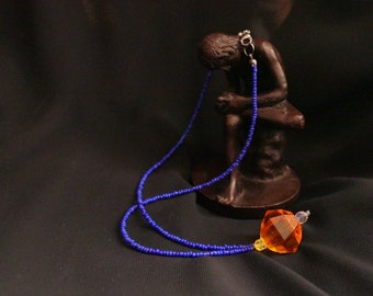 Blue and orange necklace large bead pendant - handmade