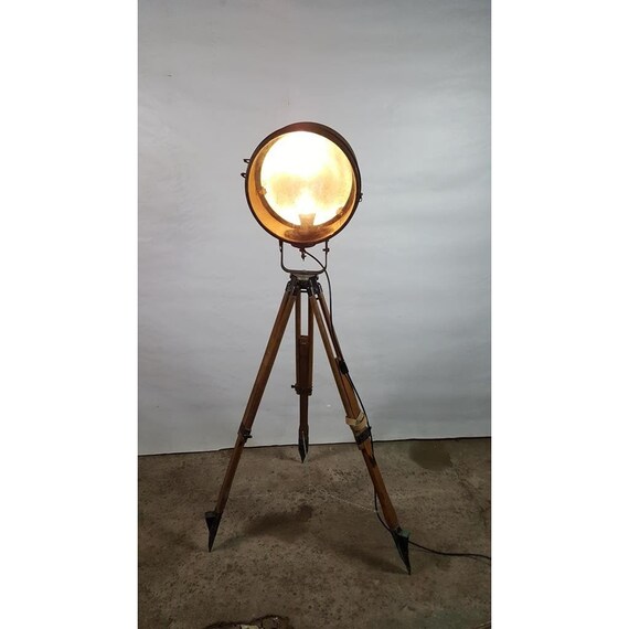 Industrial Floor Lamp Tripod Round Searchlight Retro Spotlight Vintage Wooden Factory Light On