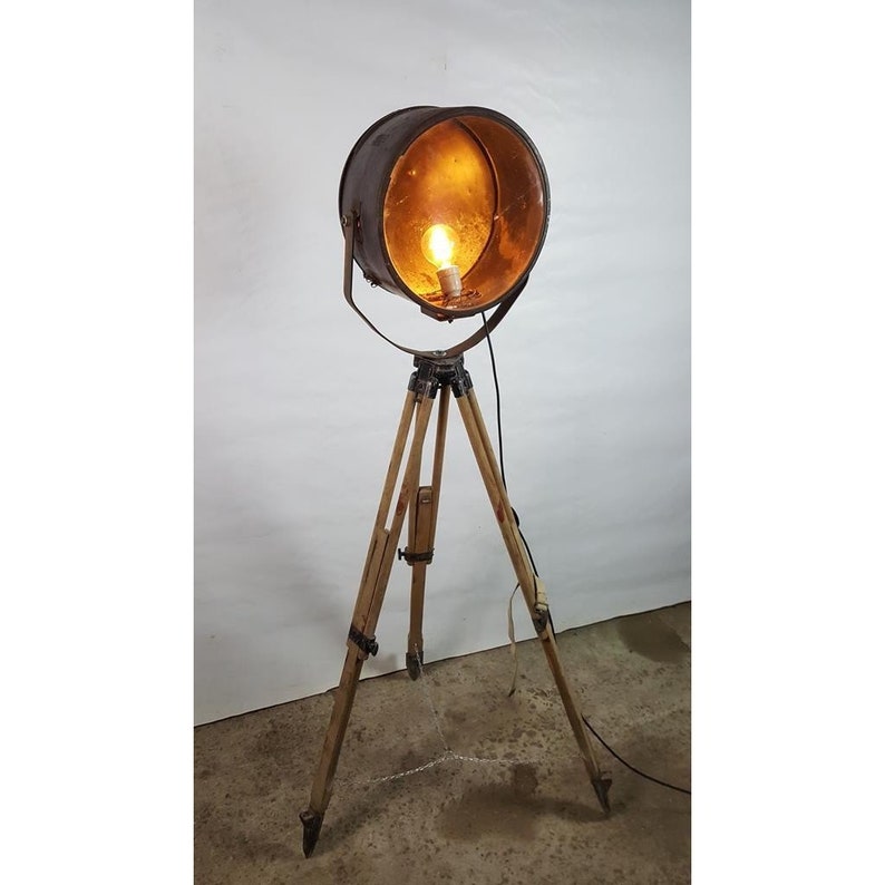 Wooden Tripod Floor Lamp Industrial Loft Vintage Spotlight Image 0
