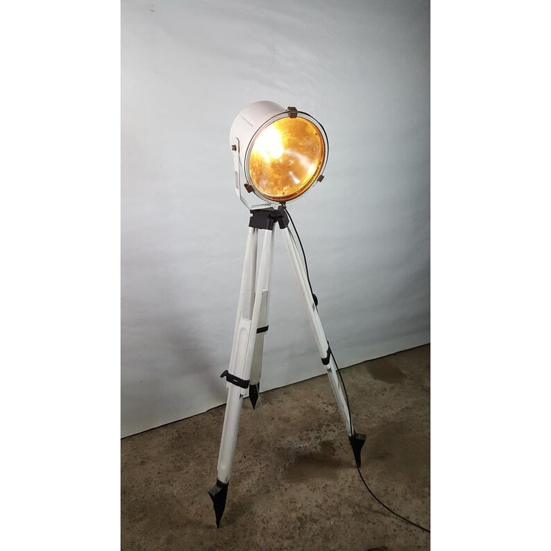 Industrial Floor Lamp Round Searchlight On Tripod Retro Spotlight Vintage Wooden White Factory Light Night