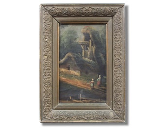 Antique French painting, 19th-century oil painting, European art, old wood frame, Barbizon landscape, original vintage painting