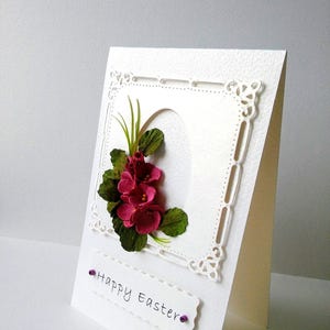 Biglietto di Pasqua in carta quilling con fiori 3D fatti a mano, regalo per la festa della mamma, bouquet di carta viola, biglietto di auguri di Pasqua