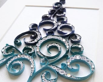 Christmas Tree Quilling Art: Blue Paper Decoration with Rhinestones