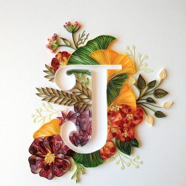 Personalized Letter Gift, Floral Quilled letter J, Wall art decor, Paper art, Framed initial, Present for her, Unique flowers and letters