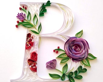 Letter B personalized quilling art, Paper art gift, Framed floral initial, Unique flowers and letters