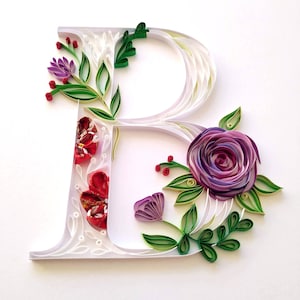 Arte de quilling personalizado con la letra B, regalo único de arte en papel con flores y letras, inicial floral enmarcada