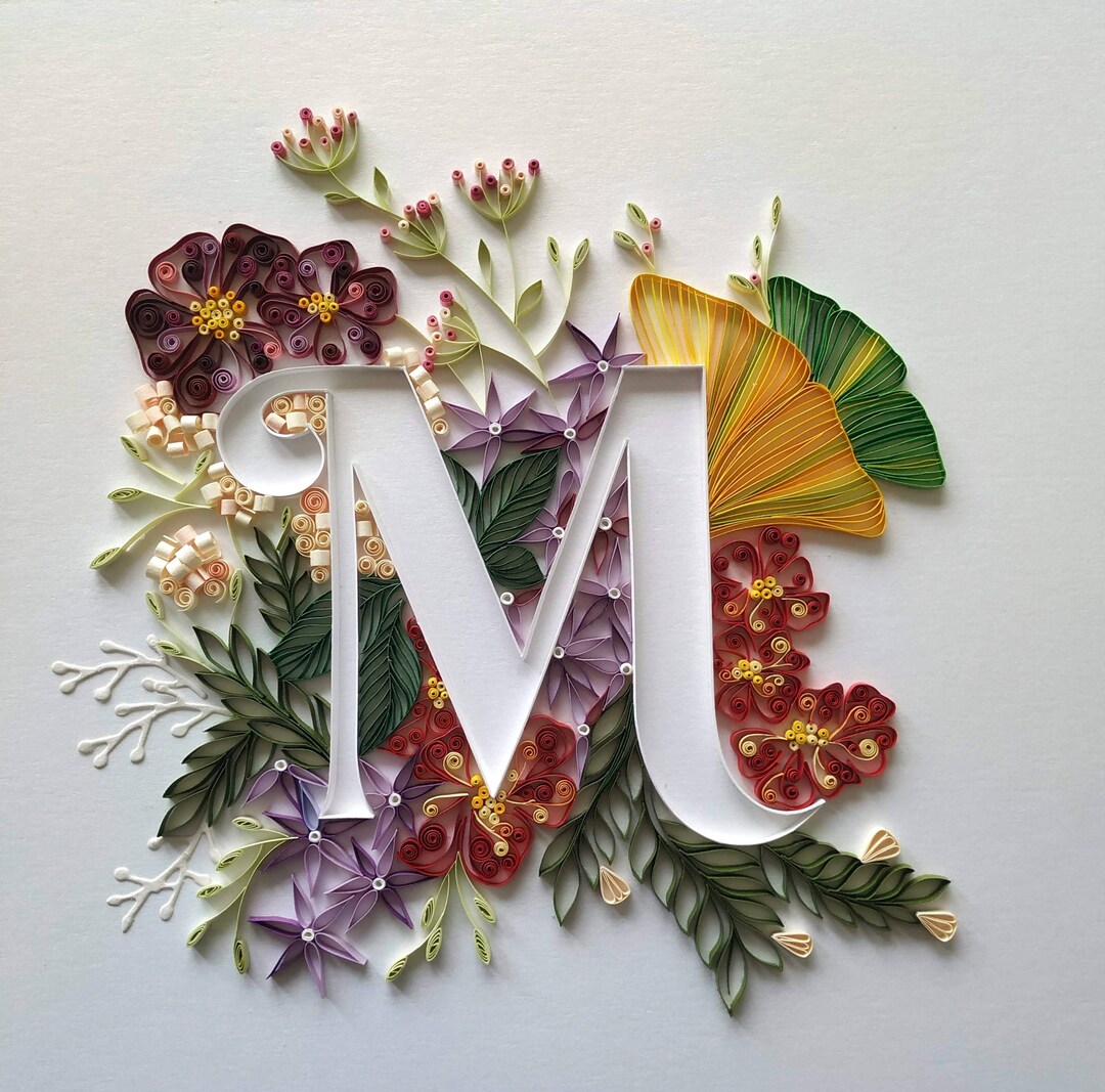 Floral Quilled Letter M Gift, Unique Flowers and Letterswall Art Decor