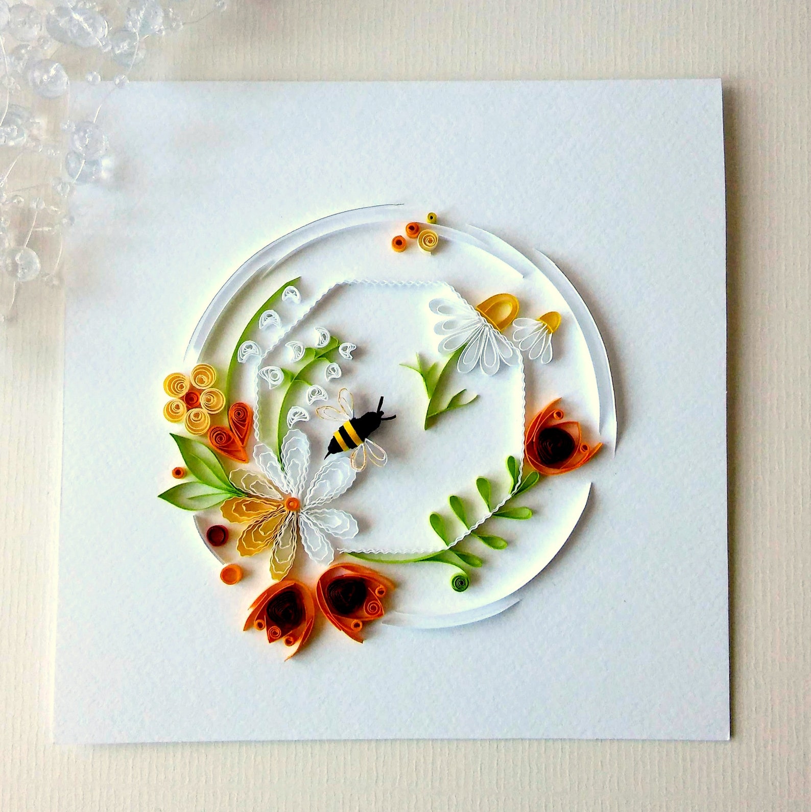 Floral Card With a Bee, Quilling Card, Summer Bouquet, Mothers Day Card