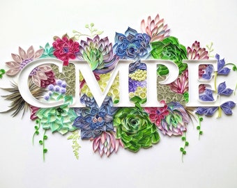 logo with succulents, Quilled floral lettewrs with succulents, Paper quilling art for Birthday, Quilling typography