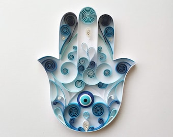 Quilling Hamsa Hand Art: Blue & Silver Paper, Hand of Fatima