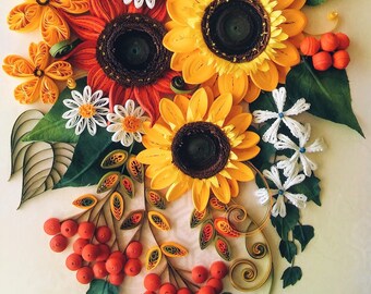 3Dペーパークイリングアート ひまわりとベリーの花束 虹色マウント - 日本