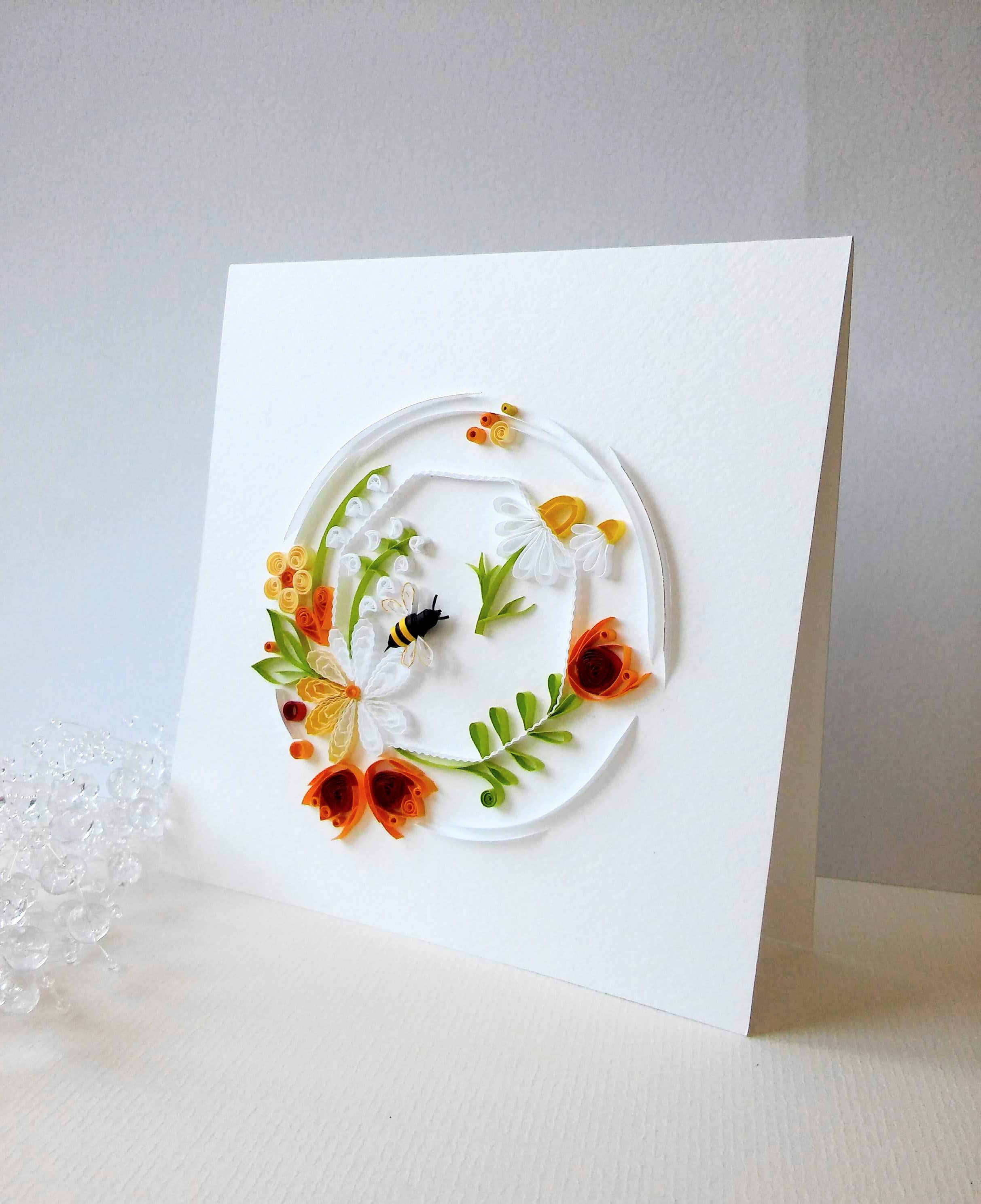 Floral Card With a Bee, Quilling Card, Summer Bouquet, Mothers Day Card