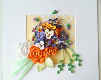 3D Paper Quilling Floral Art: Roses & Violets Bouquet, 9.8" Square
