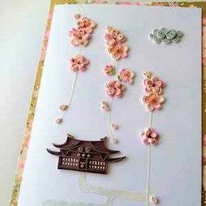 Carte de fleurs de cerisier, carte Sakura, carte de style japonais, style asiatique, carte de printemps, carte de vœux, carte d'anniversaire, carte quilling, fleurs roses