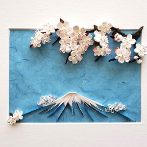 Arte della carta Sakura e Fuji, quilling di fiori di ciliegio, presente arte della parete di carta fatta a mano, regalo ispiratore in stile giapponese