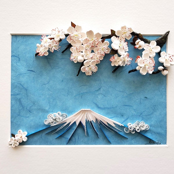 Art du papier Sakura et Fuji, quilling de fleurs de cerisier, cadeau d'art mural en papier fait main, cadeau inspirant de style japonais