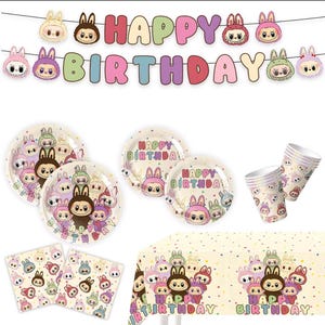 Cute Monster Party Supplies Set – 52 Piece Kids Birthday Tableware, Cartoon Creature Party Decorations, Plates Cups Napkins Banner