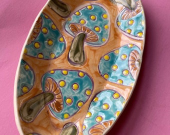 Blue & Orange Mushroom Handbuilt Tray