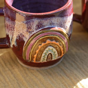 Boho Rainbow Wheel Thrown Mug 10oz Speckled Stoneware for a Righty