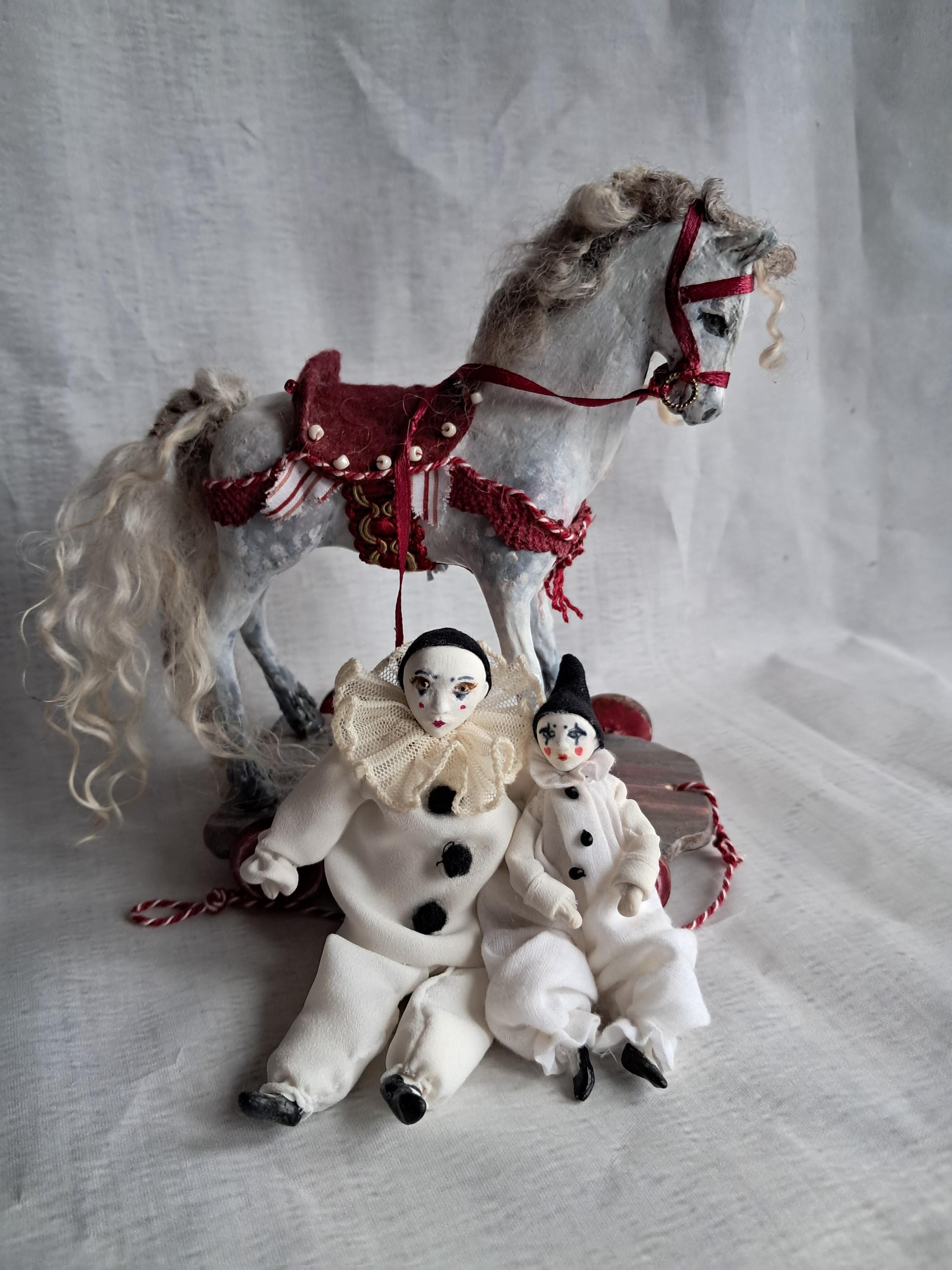 Pierrot Art Dolls with circus themed horse, pull along figure set.